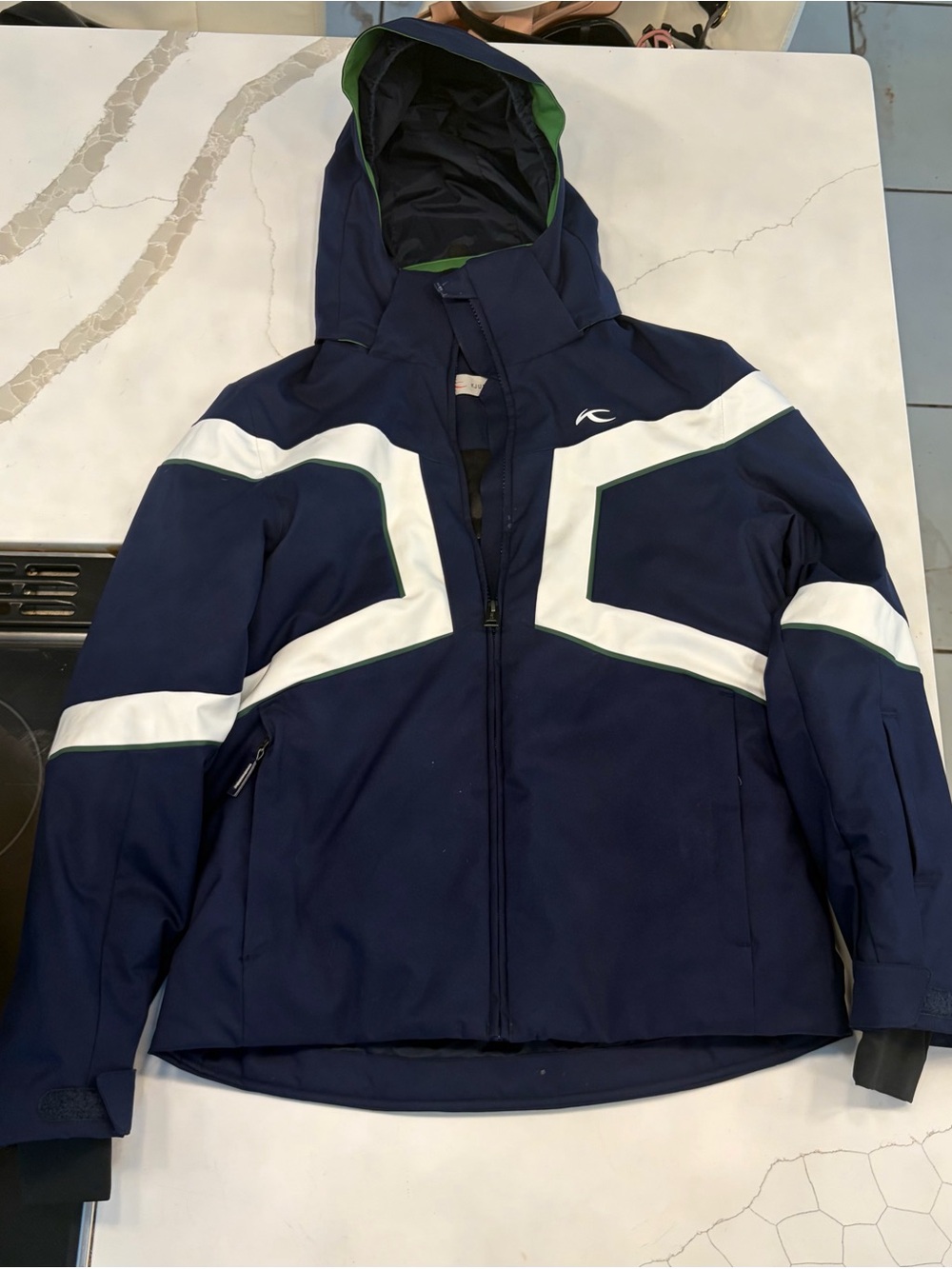 Men's Navy Blue Ski Jacket with White Accents - Hooded Winter Shell